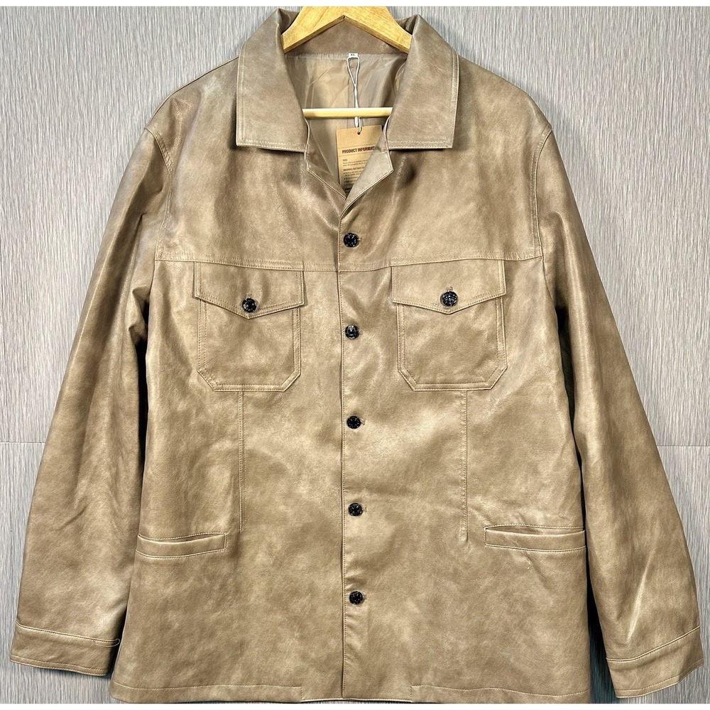 MANLY Fashion Man Brown-Tan Faux Leather Cotton Linen Blend  Jacket Size XL